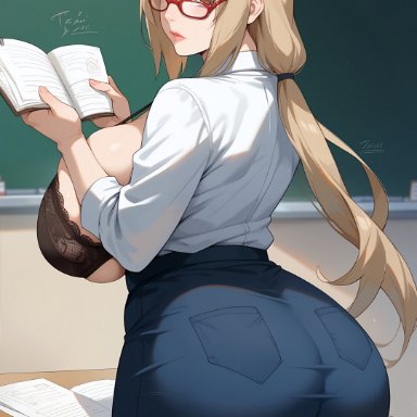 naruto, naruto (series), tsunade, narugirlshot, big ass, big breasts, blonde hair, brown eyes, classroom, huge breasts, teacher, ai generated, jpeg