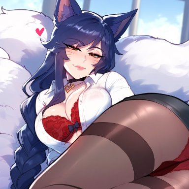 league of legends, riot games, ahri, vastaya, anemoi, 1female, 1girls, ass, bra, braided hair, breasts, collar, curvy, curvy figure, female