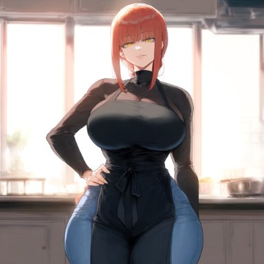 chainsaw man, makima (chainsaw man), jaygoats, apron, big breasts, half-closed eyes, hand on hip, indoors, kitchen, red hair, smile, thick thighs, ai generated