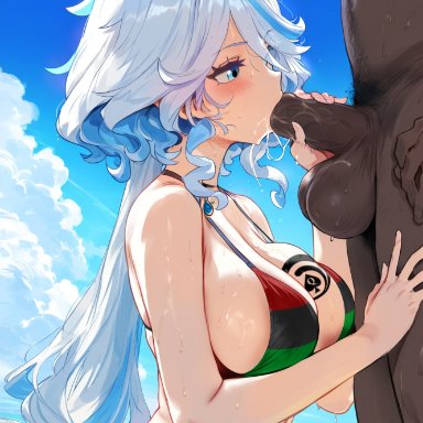 blacked, genshin impact, furina (genshin impact), himeno, bikini, dark-skinned male, fellatio, large breasts, qos, queen of spades, submissive, wet, ai generated