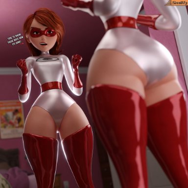 pixar, the incredibles, elastigirl, elastigirl (original supersuit), helen parr, smitty34, mirror, orange hair, 3d, tagme