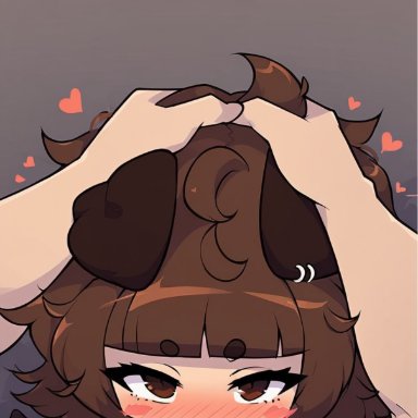 typh, mimi (typh), blowjob, blush, brown eyes, brown hair, cum, cum drip, cum in mouth, dog ears, dog girl, dog tail, hand on head, ai generated