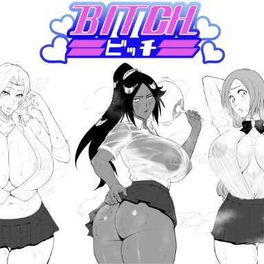 bleach, inoue orihime, matsumoto rangiku, shihouin yoruichi, iwao178, 3girls, ass, big areola, big ass, big breasts, big butt, big thighs, breasts, clothing, dark skin