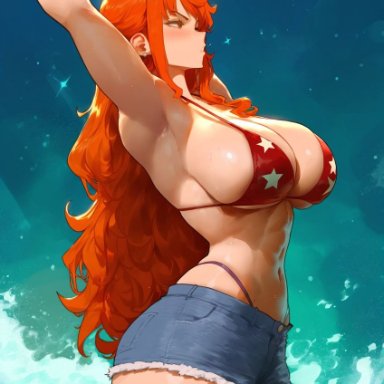 one piece, nami, nami (one piece), erotic nansensu, arms up, ass, ass cleavage, big ass, big breasts, bikini, bikini top, blush, denim shorts, female, female only