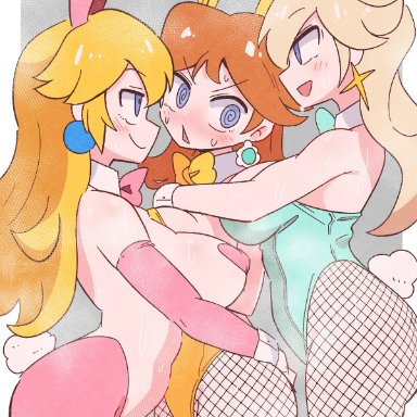 mario (series), nintendo, princess daisy, princess peach, princess rosalina, kurachi mizuki, 3girls, blonde hair, blue bow, blue eyes, blush, bow, breasts, brown hair, bunnygirl