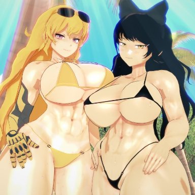 rwby, blake belladonna, yang xiao long, stormstriker, 2girls, abs, athletic female, beach, big breasts, bikini, black bikini, black hair, blonde hair, breasts, canon couple