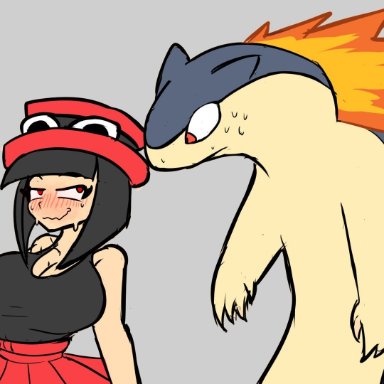 original, pokemon, delta (desiredelta), mary (desiredelta), pokemon (species), typhlosion, desiredelta, shrailey, shyrail3, 1girls, black hair, blush, female, female focus, fully clothed