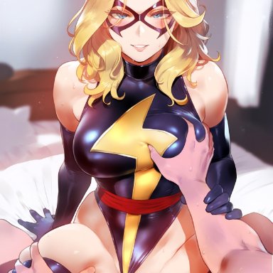 marvel, marvel comics, carol danvers, ms. marvel (carol danvers), tittyg-ai, 1boy, 1girls, blonde hair, breast grab, cowgirl position, cum in pussy, cum inside, grabbing another's breast, leotard, looking pleasured