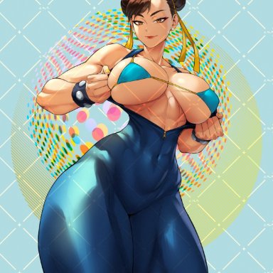 capcom, street fighter, chun-li, calad g, 1girls, abs, bare shoulders, bikini, bikini top only, blue bikini, blue bodysuit, bodysuit, bracelet, breasts, brown eyes