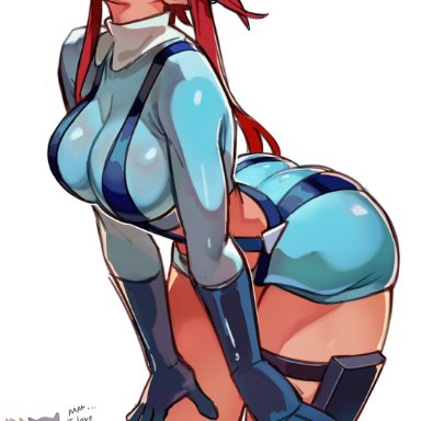 nintendo, pokemon, pokemon (species), skyla (pokemon), typhlosion, ribosoma 42, 1boy, 1girls, ass, big ass, big thighs, blue eyes, blush, bodysuit, breasts