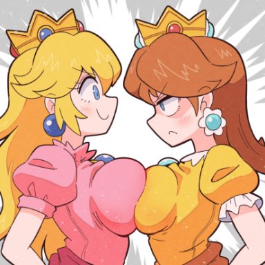 mario (series), nintendo, princess daisy, princess peach, kurachi mizuki, 2girls, blonde hair, blue brooch, blue eyes, breast contest, breast press, breasts, brown hair, crown, dress