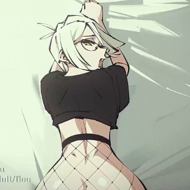 original, flou (character), flou, 2boys, all fours, anal, ass, clothed male nude male, doggy style, ear piercing, fishnets, flou (flou art), flou-sona (flou), glasses, heavy breathing