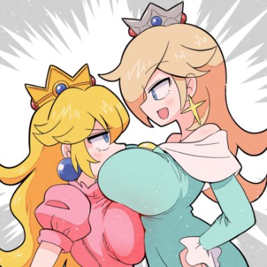 mario (series), nintendo, princess peach, princess rosalina, kurachi mizuki, 2girls, asymmetrical docking, between breasts, blonde hair, blue dress, blue eyes, blush, breast contest, breast press, breasts