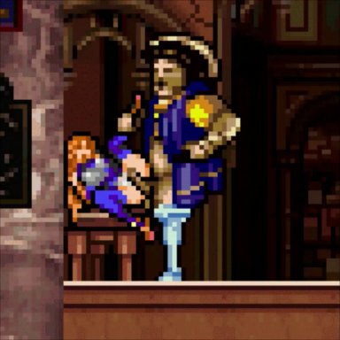 castlevania, charlotte aulin, raravista, 1boys, 1girls, afraid, blush, blushing female, breasts, breathing heavily, brown hair, clothed rape, clothing, cornered, crying