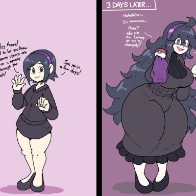 pokemon, beta hex maniac, hex fan, hex maniac, npc trainer, pandacubed, poopishness, 1girls, before and after, big breasts, black eyes, blouse, clothed, clothed female, clothing