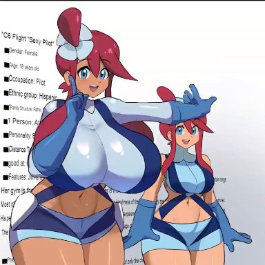 game freak, nintendo, pokemon, pokemon bw, skyla (pokemon), miruyuyo, 2girls, bangs, before and after, belly button, big breasts, big nipples, blue eye, blue eyes, blush