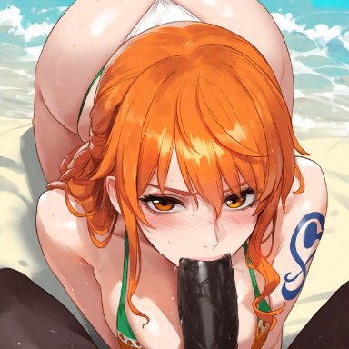 one piece, nami, nami (one piece), artist request, 1boy, 1girls, abs, african, african male, alpha male, big ass, big breasts, big penis, blowjob, blush