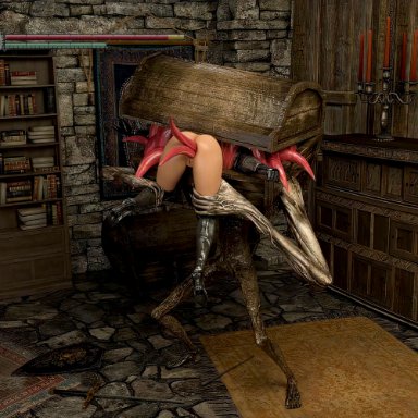 dark souls, chosen undead, mimic chest, avstral, munt works, 1girls, all the way through, anal, armor, ass, black legwear, black thighhighs, bound, candlestand, captured