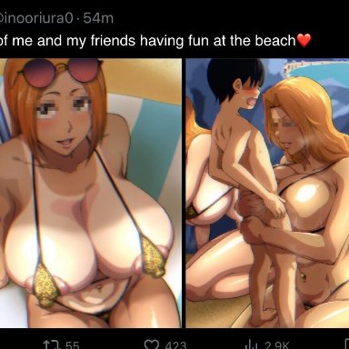 bleach, twitter, inoue orihime, matsumoto rangiku, shihouin yoruichi, iwao178, 3boys, 3girls, areola slip, areolae, ass, big areola, big breasts, big nipples, big thighs