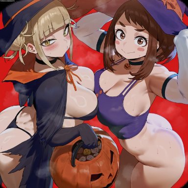 boku no hero academia, halloween, my hero academia, himiko toga, ochako uraraka, shexyo, 2girls, accessory, armpits, arms up, ass, big ass, big breasts, blonde hair, blush