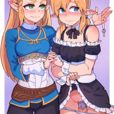 breath of the wild, the legend of zelda, link, princess zelda, jack rockhardt, alternate costume, black pants, blonde hair, blue eyes, blue shirt, blush, bound, bound legs, braid, chastity cage