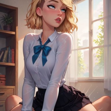 marvel, marvel comics, spider-man (series), gwen stacy, gwen stacy (spider-verse), spider-gwen, sarahvividart, 1boy, 1girls, black skirt, blonde hair, blush, blushed, brown hair, button down shirt