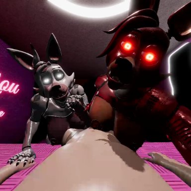 five nights at freddy's, foxy (fnaf), mangle (fnaf), 1boy, 2girls, animatronic, cum, cum in mouth, fellatio, game, handjob, nude, pov, robot, threesome