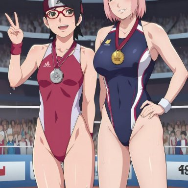 boruto: naruto next generations, naruto, olympics, sakura haruno, sarada uchiha, nyxworks, 2girls, athletic, athletic female, black eyes, black hair, blush, bracelet, breasts, clothing