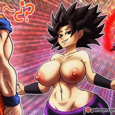 dragon ball, dragon ball super, caulifla, chichi, son goku, rezp, ?, 1boy, 2girls, black eyes, black hair, bouncing breasts, bracelet, breasts, earrings