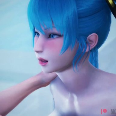 league of legends, sona buvelle, monarchnsfw, 1boy, 1boy1girl, 1girls, areolae, blue hair, breasts, doggy style, eye contact, female, female focus, handjob, huge breasts