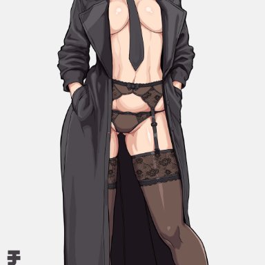 chainsaw man, makima (chainsaw man), mikeypieart, 1girls, big breasts, black coat, black panties, black thighhighs, braid, breasts, cleavage, coat, female, female only, footwear