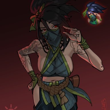 league of legends, akali, foxlutts, 100 thieves akali emote, black hair, breasts, clothed female, covered nipples, crop top, emote, hand on hip, hip vent, kunoichi, large breasts, leaning forward