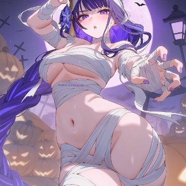 genshin impact, halloween, raiden shogun, 1girls, bandages, blush, breasts, female, female only, hips, jack-o'-lantern, light skin, light-skinned female, long hair, looking at viewer