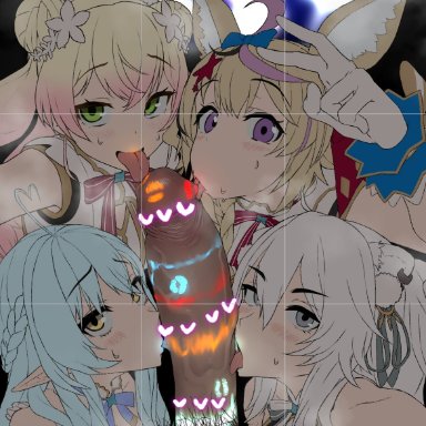 hololive, hololive gen 5, hololive japan, momosuzu nene, omaru polka, shishiro botan, yukihana lamy, neet 23 neet3, nii-san, 1boy, 4girls, animal ears, blonde hair, blowjob, blue hair