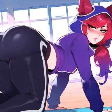 league of legends, riot games, vastaya, xayah, anemoi, 1female, 1girls, all fours, ass, ass focus, blush, booty, female, gym, gym clothes