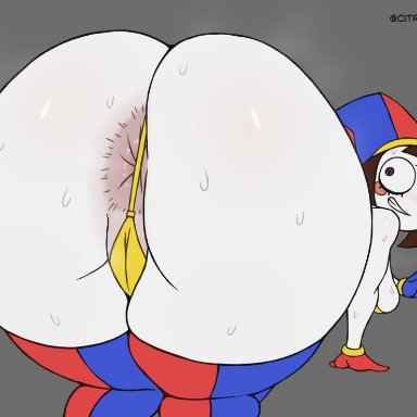 the amazing digital circus, citrus doodles, 1girls, anus, anus peek, ass, ass bigger than head, ass focus, behind view, big ass, big butt, blue eyes, bottom heavy, breasts, brown hair