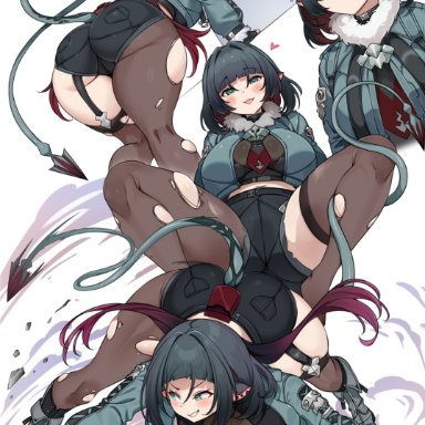 zenless zone zero, jane doe (zenless zone zero), tem10, 1boy, 1girls, all fours, animal ears, ass, black hair, black shorts, blush, breasts, closed eyes, closed mouth, female