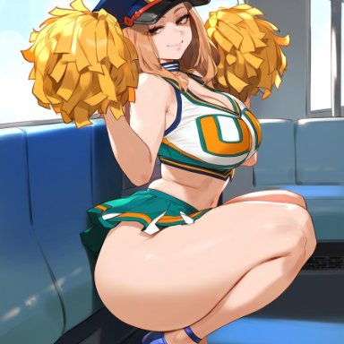 boku no hero academia, my hero academia, camie utsushimi, utsushimi camie, big ass, blonde hair, cheerleader, cheerleader outfit, cheerleader uniform, hat, heels, large breasts, pom poms, seductive, seductive eyes