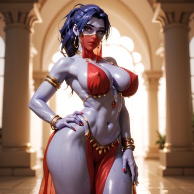 blizzard entertainment, overwatch, overwatch 2, widowmaker, eogard orc, big breasts, dancer outfit, dark hair, exotic dancer, face veil, gold jewelry, loincloth, oiled, oiled skin, purple skin