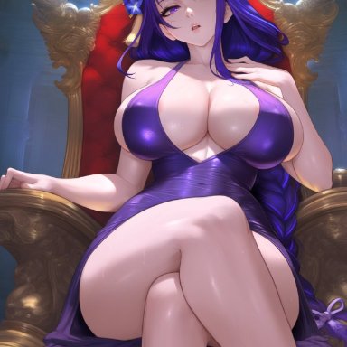 genshin impact, raiden shogun, hydrolis999, 1girls, alternative costume, areola slip, bangs, bare shoulders, blunt bangs, blush, braid, braided ponytail, breasts, chair, cleavage