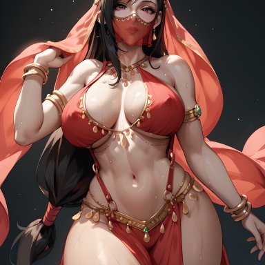 final fantasy vii remake, square enix, tifa lockhart, eogard orc, big breasts, black hair, cleavage, dancer outfit, exotic dancer, face veil, gold jewelry, long hair, looking at viewer, oiled, oiled skin