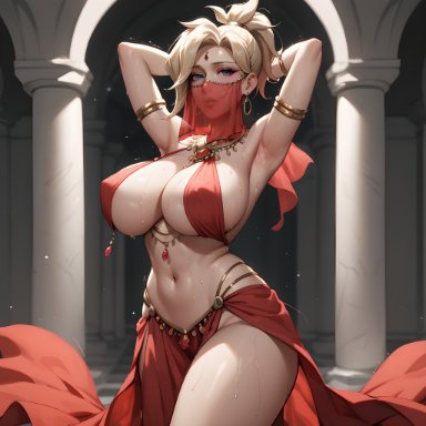 blizzard entertainment, overwatch, overwatch 2, mercy, eogard orc, big breasts, blonde hair, blue eyes, dancer outfit, dancing, exotic dancer, face veil, gold jewelry, hands behind head, loincloth