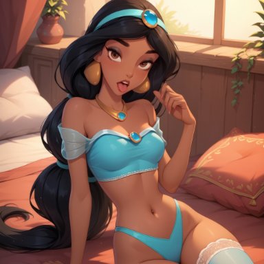 aladdin, aladdin (1992 disney film), disney, disney princess, princess jasmine, rule34lab, 1girls, arm support, bare shoulders, bed, black hair, blue bra, blue panties, blue thighhighs, blush