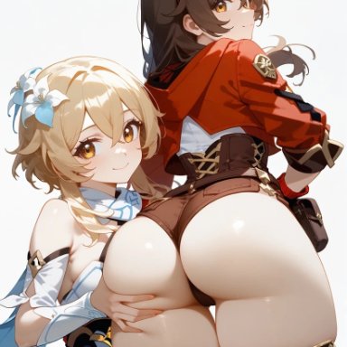 genshin impact, amber (genshin impact), lumine (genshin impact), mako (artist), ass focus, ass grab, back view, backboob, bare thighs, big ass, big breasts, big butt, blonde hair, brown eyes, brown hair