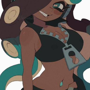 splatoon, splatoon (series), splatoon 2, marina (splatoon), octoling, kiirono, aqua eyes, aqua hair, aqua pantyhose, bare shoulders, black gloves, black shirt, black shorts, blush stickers, breasts