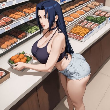 naruto, naruto shippuden, uchiha mikoto, alex-schura, 1girls, ass, bangs, bare shoulders, black choker, black footwear, black hair, black shirt, blue eyes, blue hair, breasts