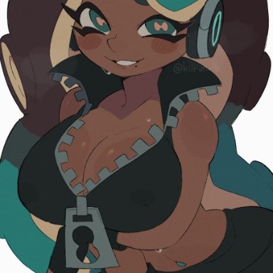 splatoon, splatoon 2, marina (splatoon), octoling, octoling girl, kiirono, 1girls, arm under breasts, black hair, cephalopod eyes, clothed, crop top, dark-skinned female, fingerless gloves, gloves