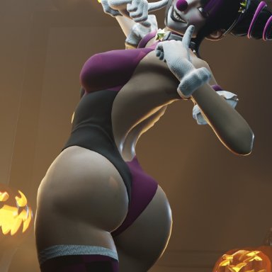 halloween, street fighter, street fighter 6, juri han, rougenine, 1girls, alternate costume, big ass, clown, clown costume, clown girl, clown makeup, clown nose, costume, dat ass