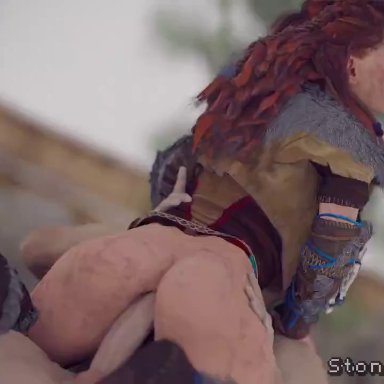 horizon zero dawn, aloy, stoneddude, 1boy, 1girls, anal, anal sex, ass, female, female on top, female penetrated, light skin, light-skinned female, light-skinned male, male