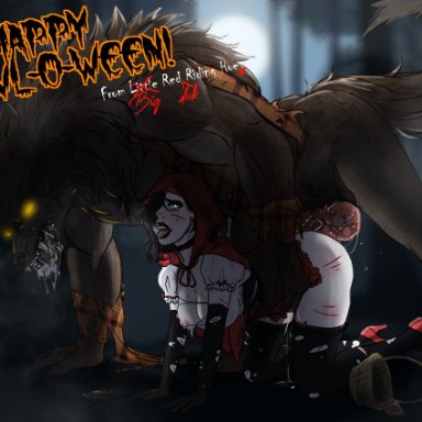 halloween, big bad wolf, little red riding hood, little red riding hood (cosplay), regan blair (reganblair666), reganblair666, all fours, ambiguous penetration, anthro, bigger male, black hair, black lipstick, blue eyes, blush, bottomless